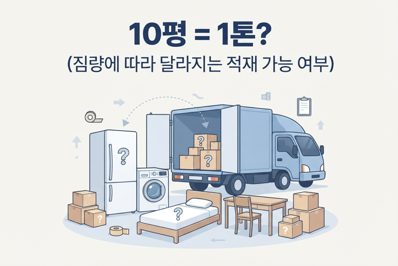 10평 포장이사에서 1톤 차량 적재 가능 여부를 실제 짐량으로 비교하는 이미지