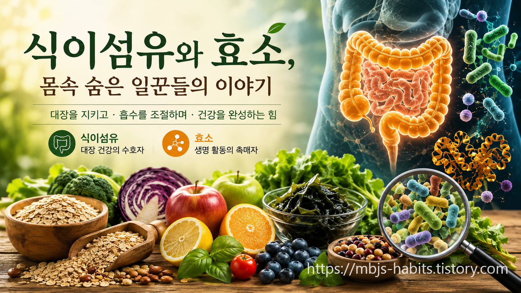 식이섬유가 풍부한 통곡물&middot;채소&middot;과일&middot;해조류와 장내 미생물, 대장과 효소의 작용을 표현한 이미지