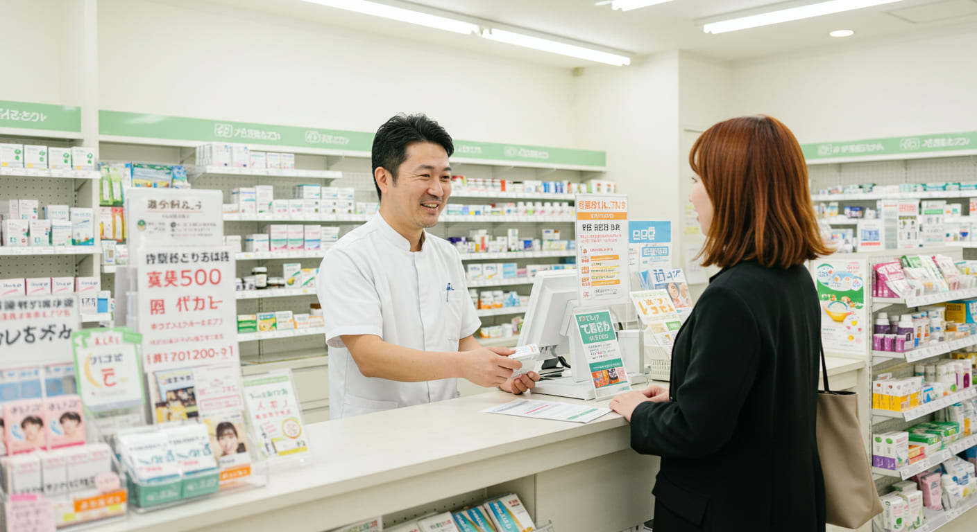 일본 약국에서 약사와 상담 후 약을 구입하는 고객