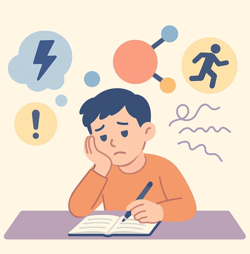 책상에 앉아서 공부 힘들어하는 청소년