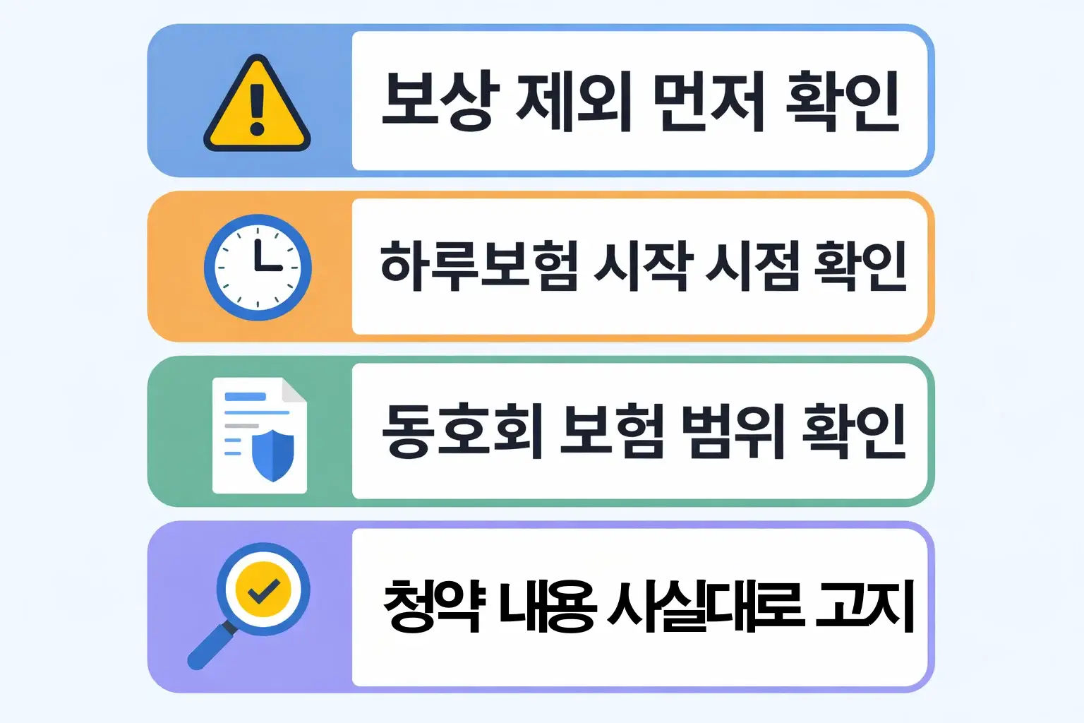 스포츠 상해보험 청구 전 보상 제외 여부와 하루보험 시작 시점, 동호회 보험 범위, 청약 고지 확인을 점검하는 이미지