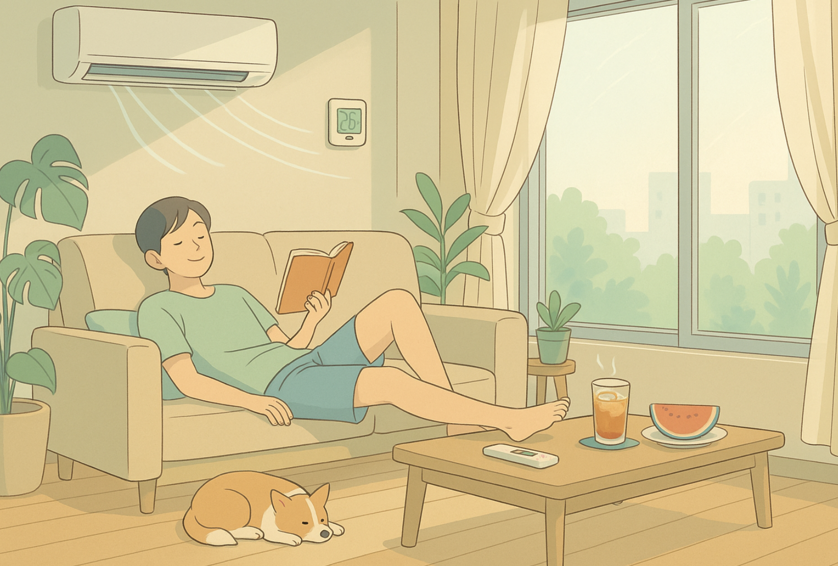 에어컨을 틀어놓고 시원하게 있는 사람