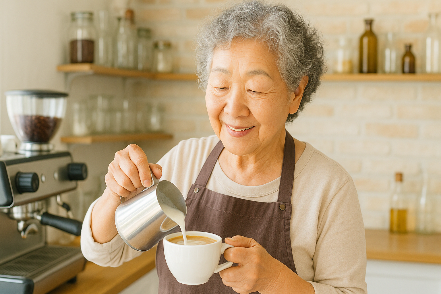 카페에서 바리스타로 일하고 있는 여성 시니어의 모습