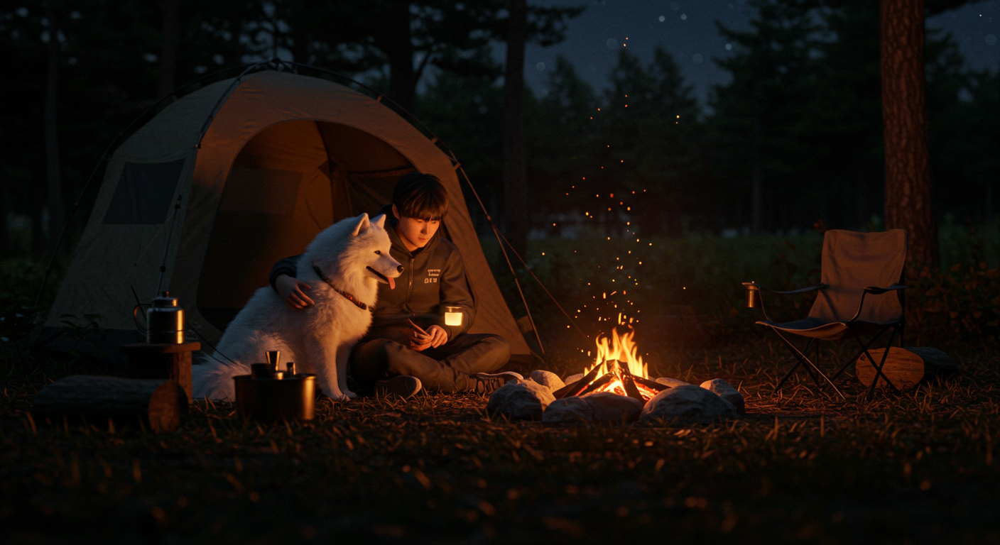 평창 숲속 캠프에서 모닥불 옆 반려견과 휴식하는 한국인