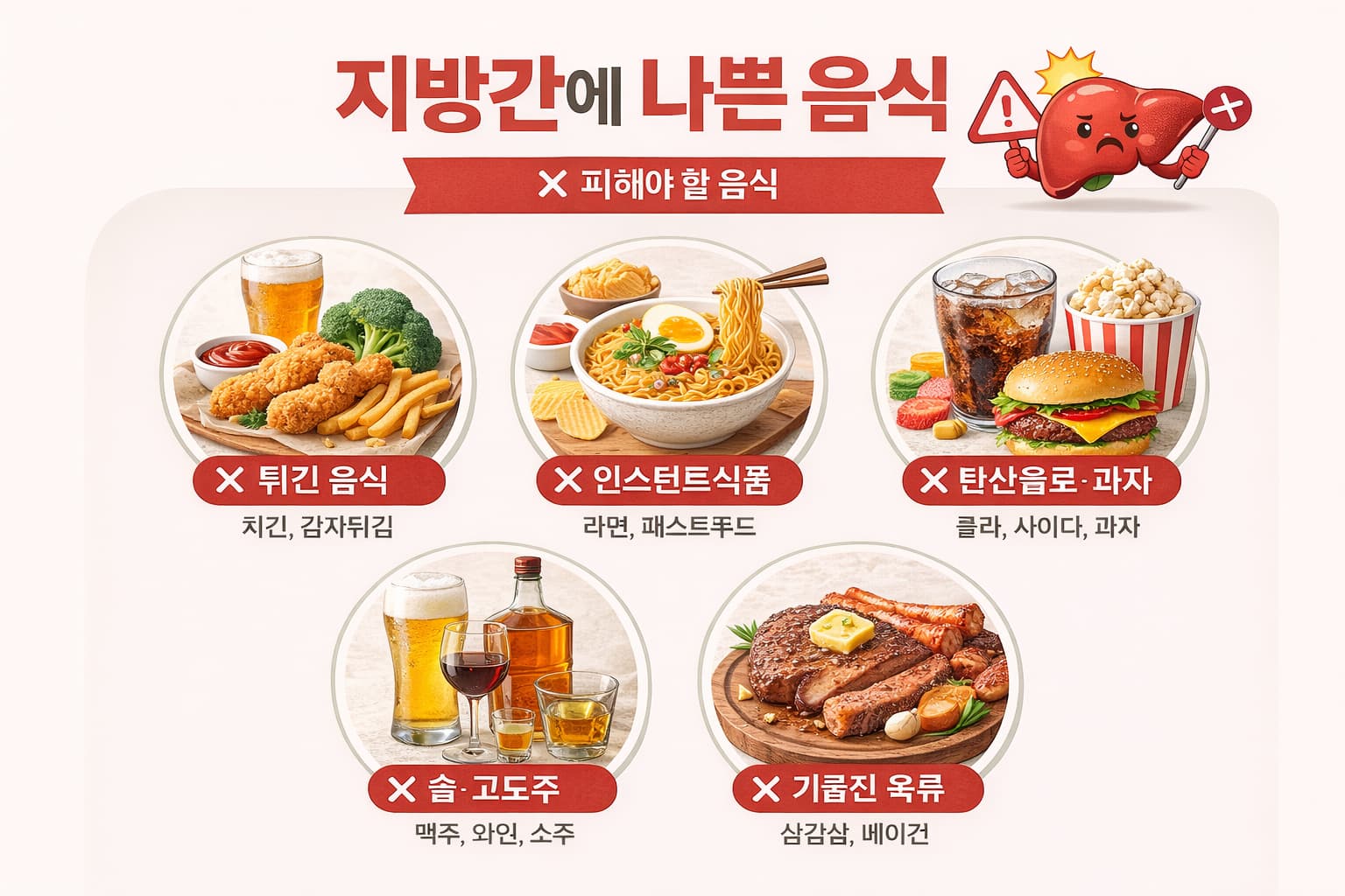지방간에 나쁜 음식 5가지를 정리한 인포그래픽 이미지