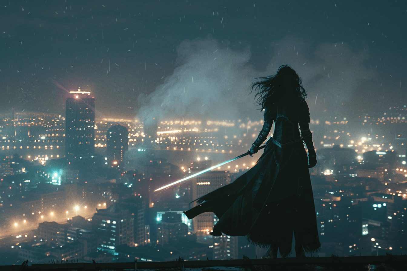 도심이-내려다-보이는-곳에-서-있는-검을-든-여전사