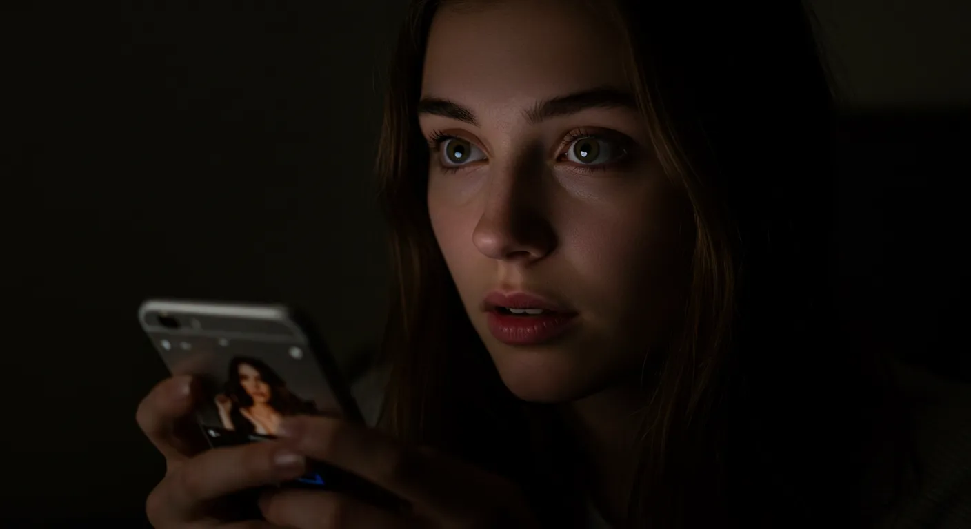 어두운 방 안에서 스마트폰 화면의 밝은 소셜 미디어 피드를 보며 대리 만족을 하며 미소짓는 젊은 여성의 모습