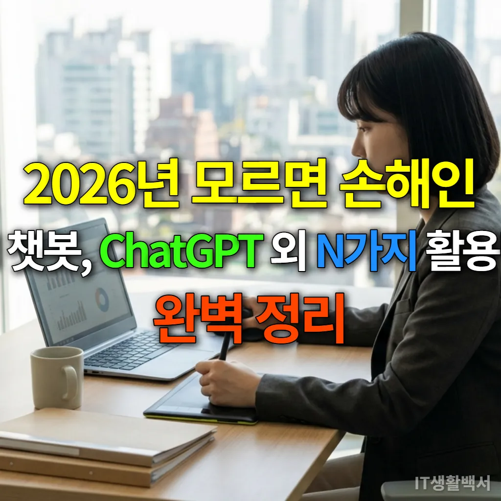 깔끔한 사무실에서 노트북과 태블릿을 활용해 AI 챗봇으로 업무를 처리하는 한국인 여성 직장인의 모습