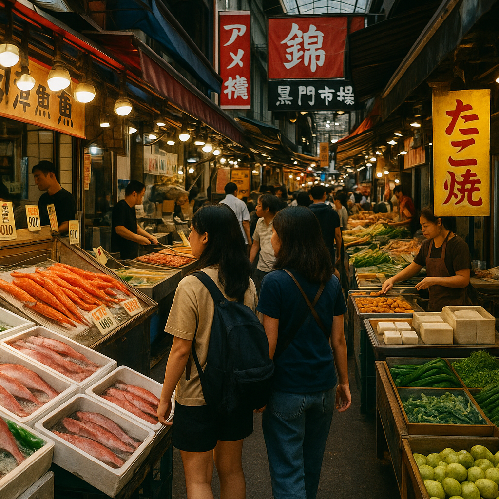 도쿄 아메요코, 교토 니시키, 오사카 구로몬 시장의 활기찬 전통 시장 풍경을 한눈에 담아낸 이미지