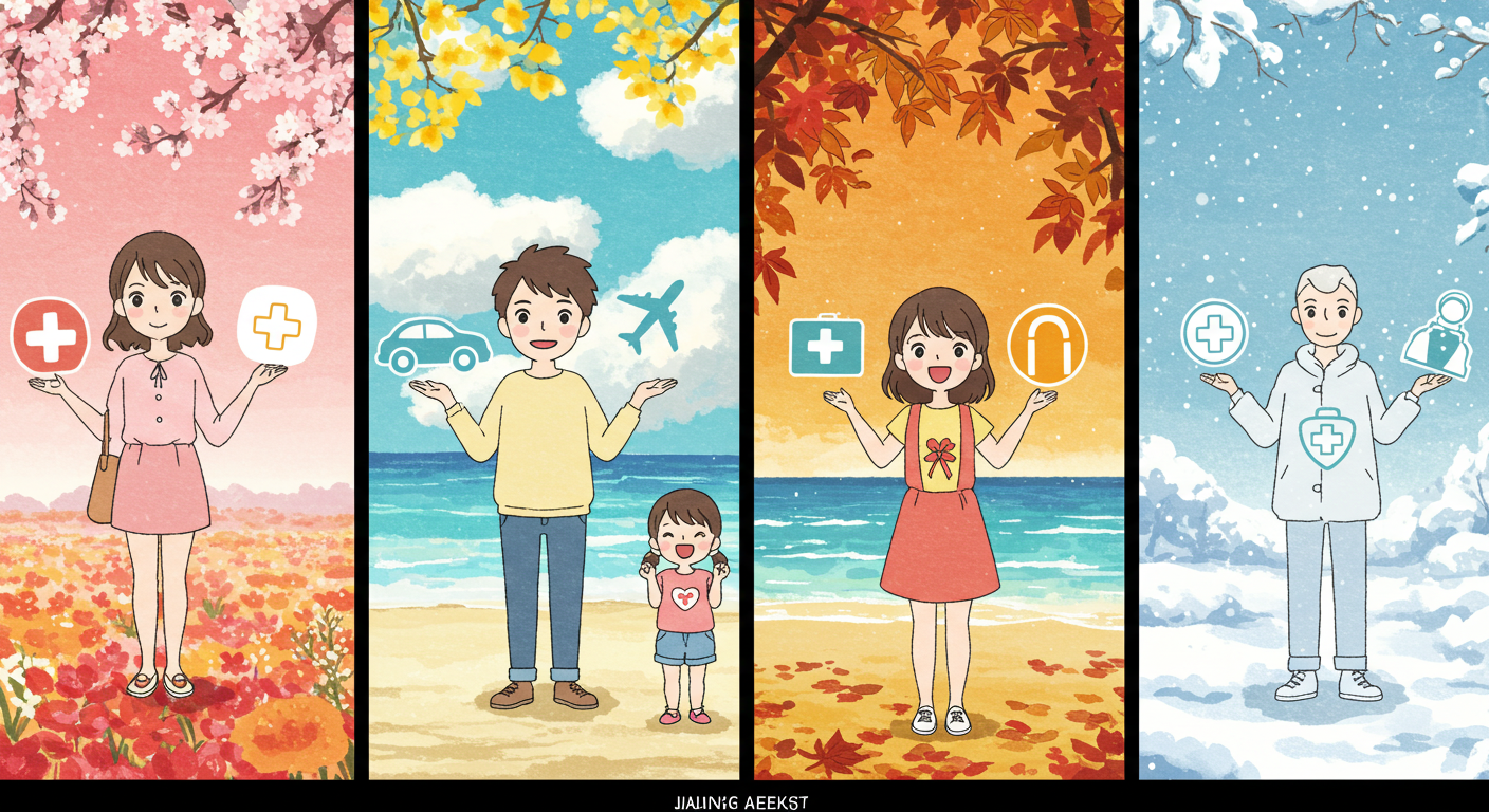 사계절을 배경으로 자동차&middot;여행&middot;건강 보장 아이콘을 든 가족 일러스트