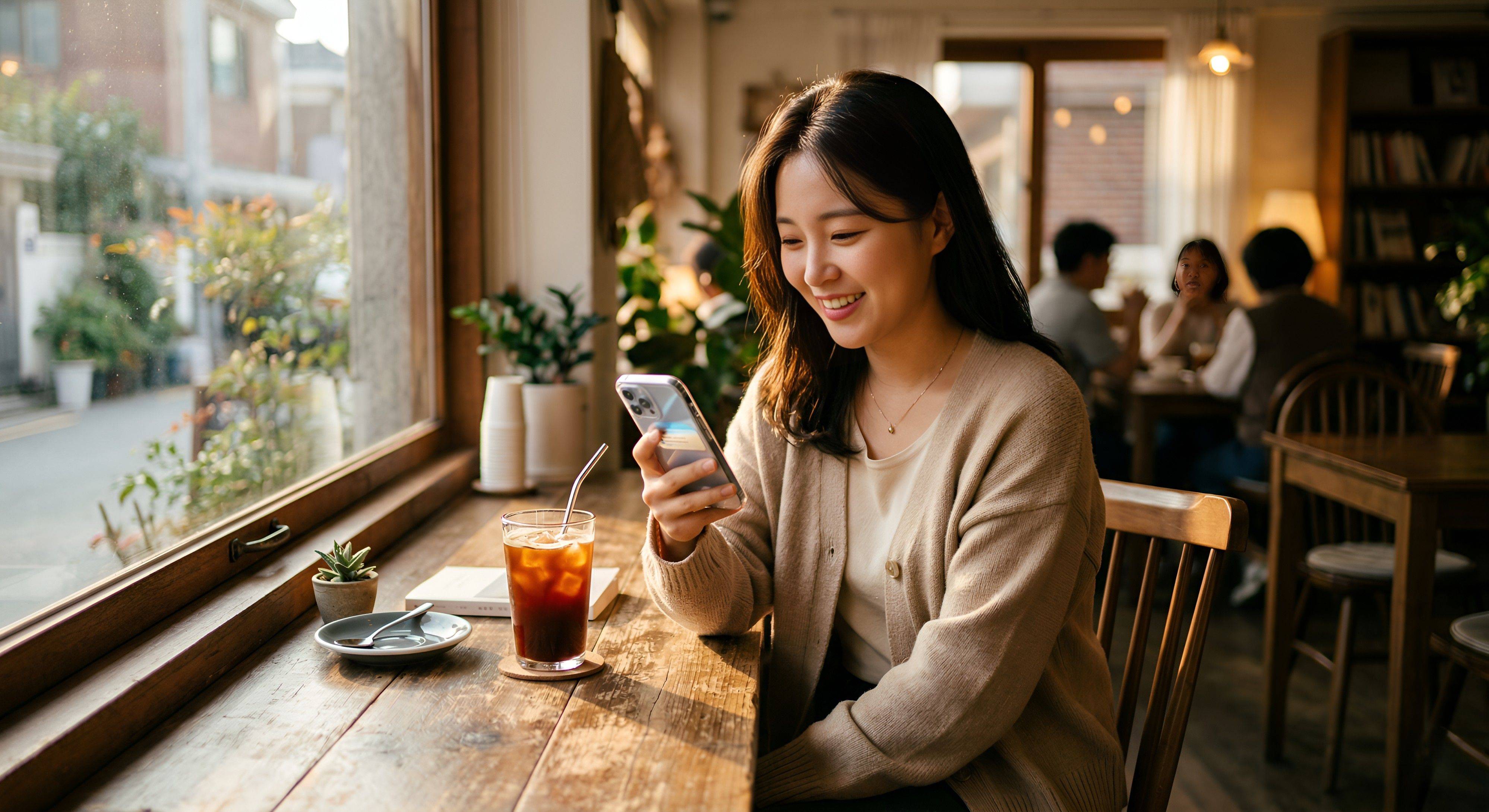 스마트폰 화면에 입금 완료 알림이 떠 있고, 그 옆에 따뜻한 커피 한 잔이 놓인 감성적인 실사 사진
