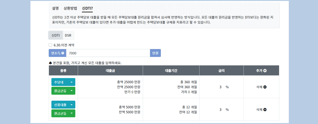 신DTI 계산기 사용방법 예시