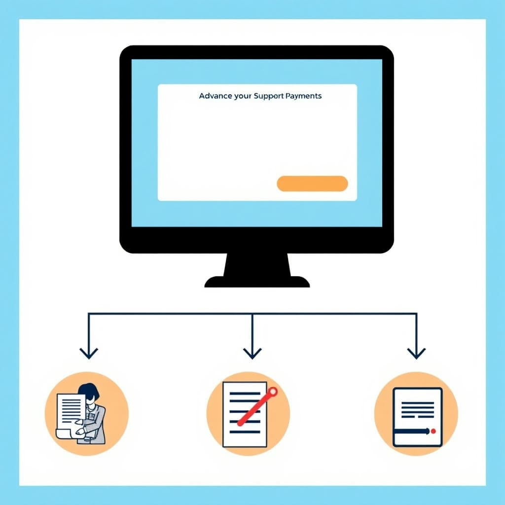 양육비 선지급제를 신청하는 과정을 단계별로 나타내는 인포그래픽 스타일의 이미지입니다. 온라인 신청을 상징하는 컴퓨터 화면, 서류를 준비하는 모습 등 간결하고 명확한 아이콘으로 구성합니다.