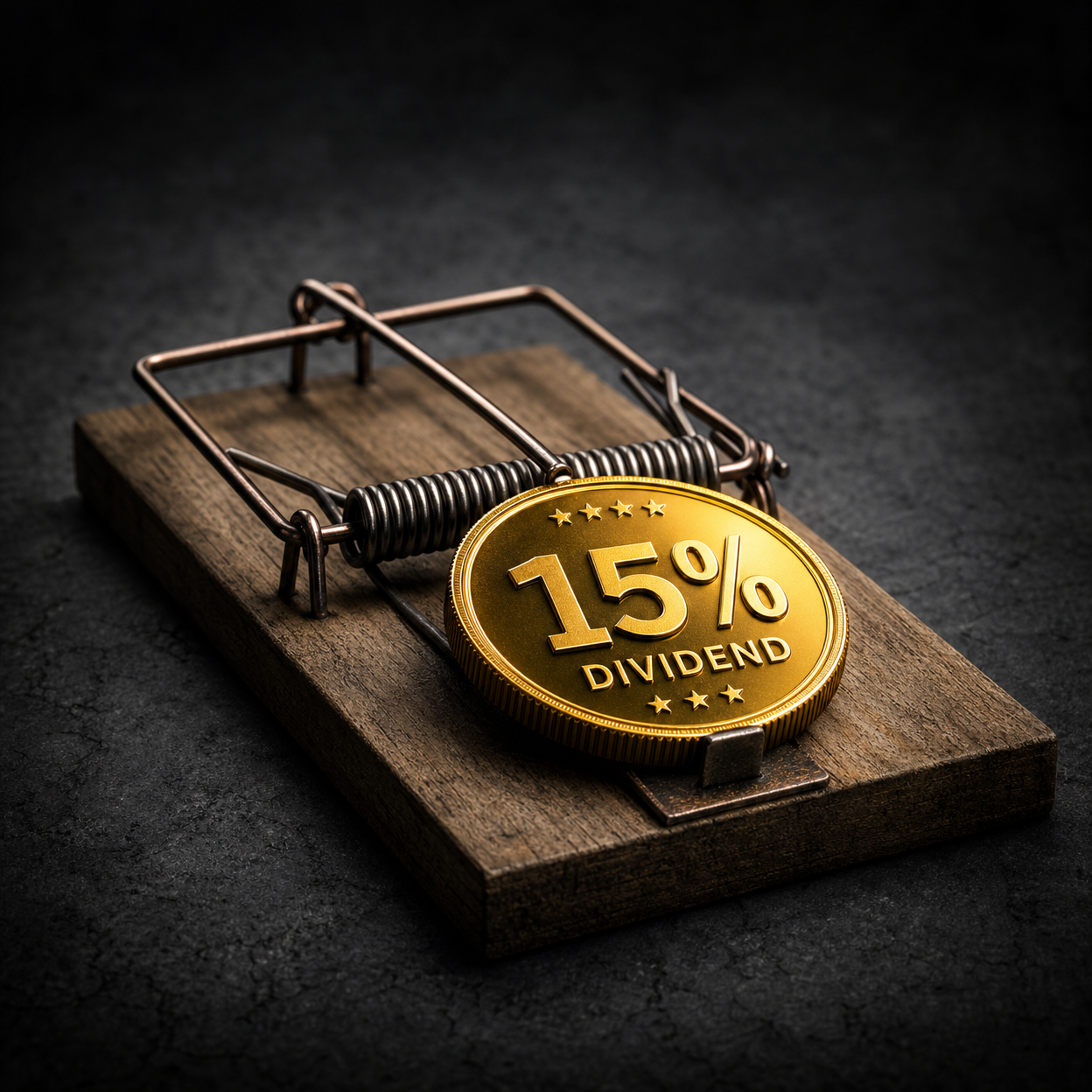 높은 배당 수익률의 유혹과 위험성을 상징하는 금화가 놓인 쥐덫 일러스트