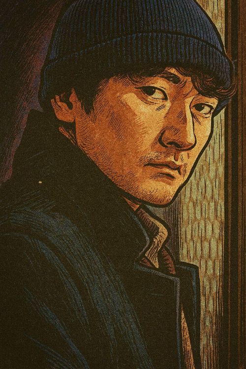 비니 모자를 쓰고 어두운 표정으로 정면을 바라보는 남성의 빈티지 노아르 만화풍 일러스트