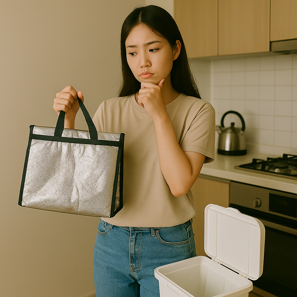 주방에서 은색 보냉백을 손에 들고, 분리수거, 재사용을 고민하는 여성의 모습