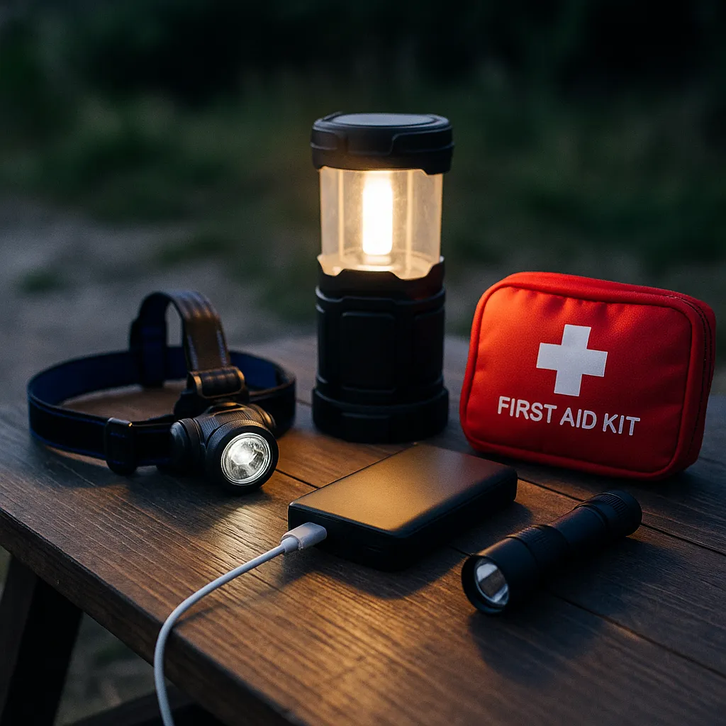 야간 낚시에 필요한 필수 장비들이 테이블 위에 정돈된 모습