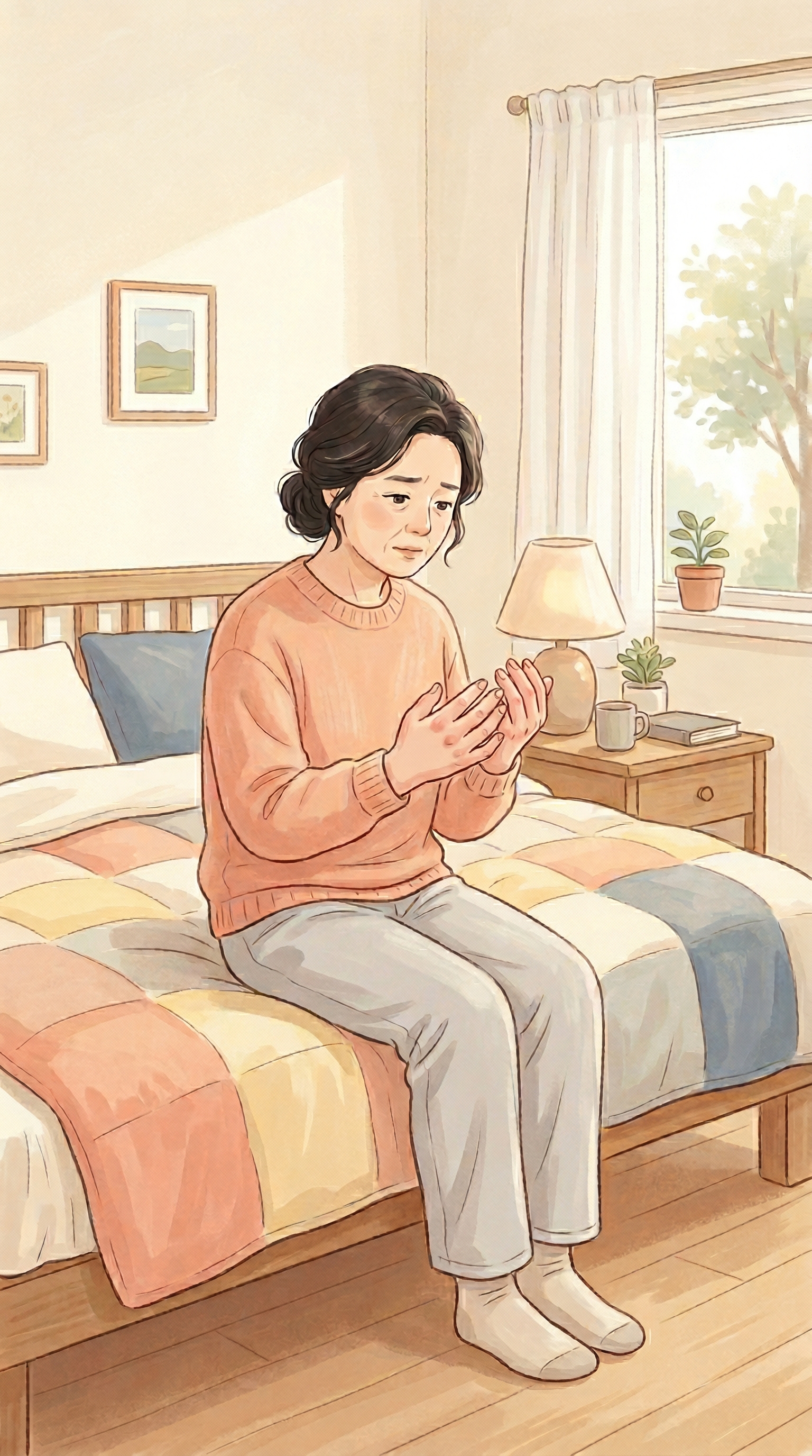 아침에 유난히 부은 손을 바라보는 50대의 걱정스러운 표정