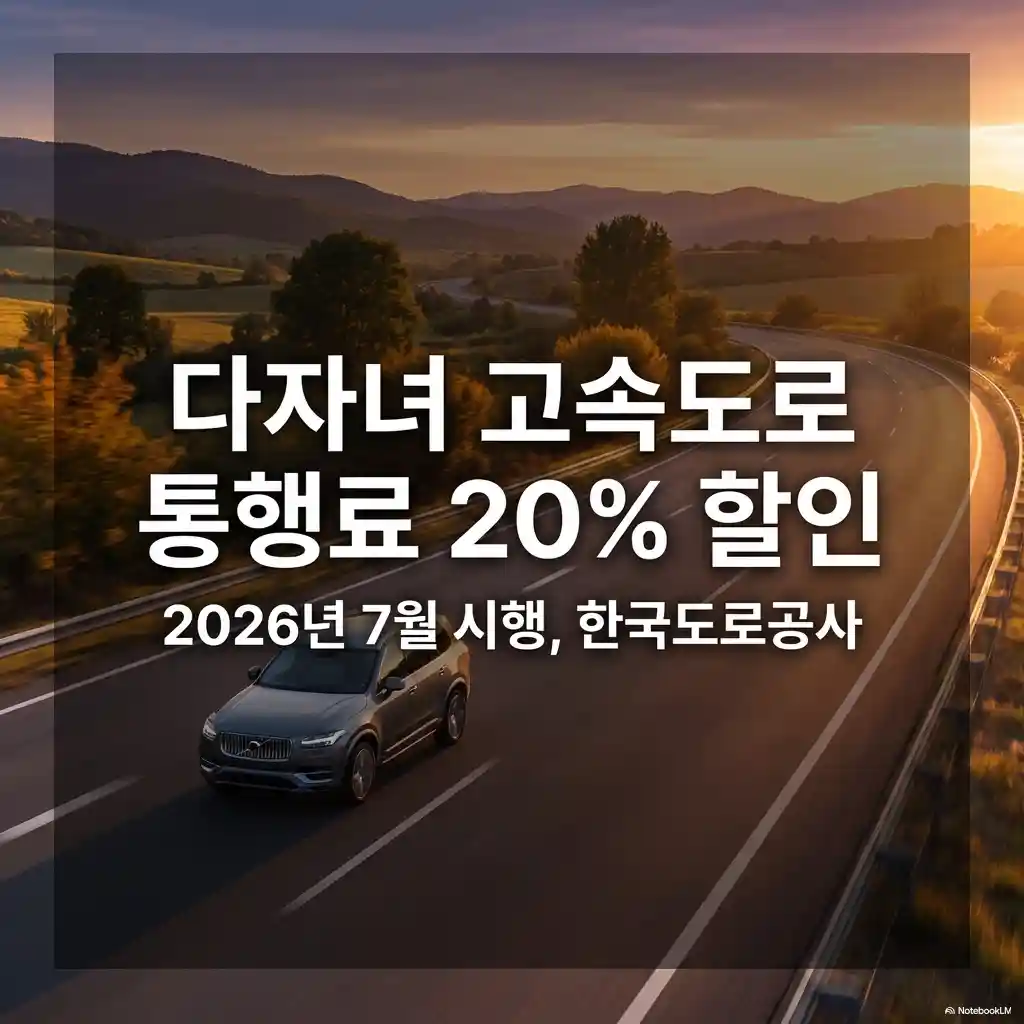 다자녀 가구 고속도로 통행료 20% 할인 제도 시행 안내와 고속도로를 주행하는 자동차