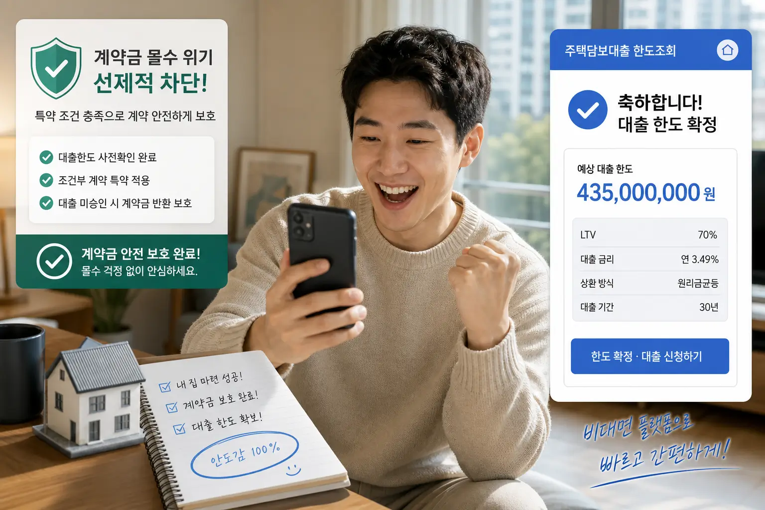 계약금 몰수 위기를 선제적으로 차단하고 비대면 플랫폼으로 주택 대출 한도를 낚아채어 안도하는 매수자의 모습
