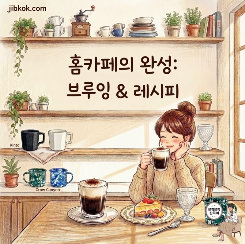 따뜻한 아이보리 배경의 테이블 위에 감성적인 아인슈페너와 바나나 브레드 디저트 일러스트가 놓여 있고, 올림머리를 한 여성 캐릭터가 커피잔을 들고 미소 짓는 블로그 썸네일.