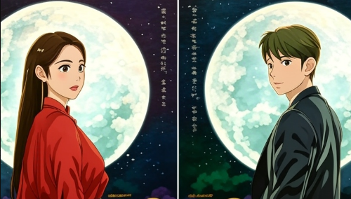 빨간 옷을 입고 있는 왼쪽 여성과 슈트를 입고 있는 오른쪽 남성과 경계를 두고 로맨스 감정을 보여주고 있는 모습