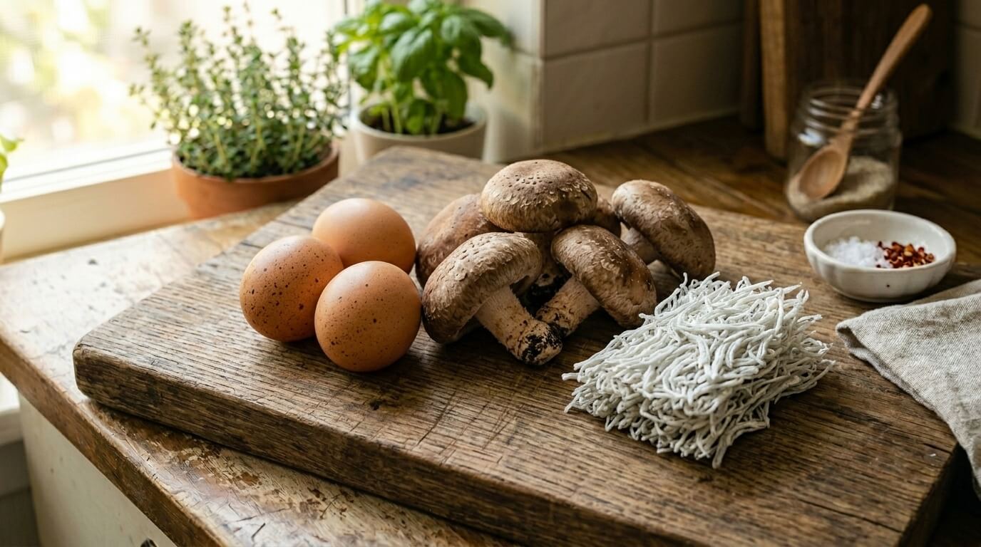 칼슘 흡수율을 높여주는 식재료인 날달걀 세 알, 생표고버섯, 그리고 손질된 뱅어포가 도마 위에 놓인 모습.