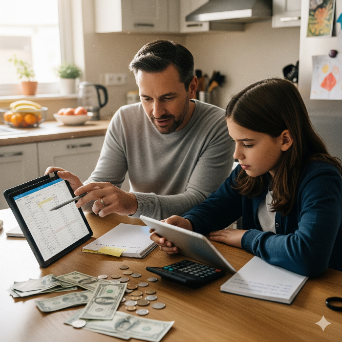 중학생 자녀와 함께 용돈교육중인 장면