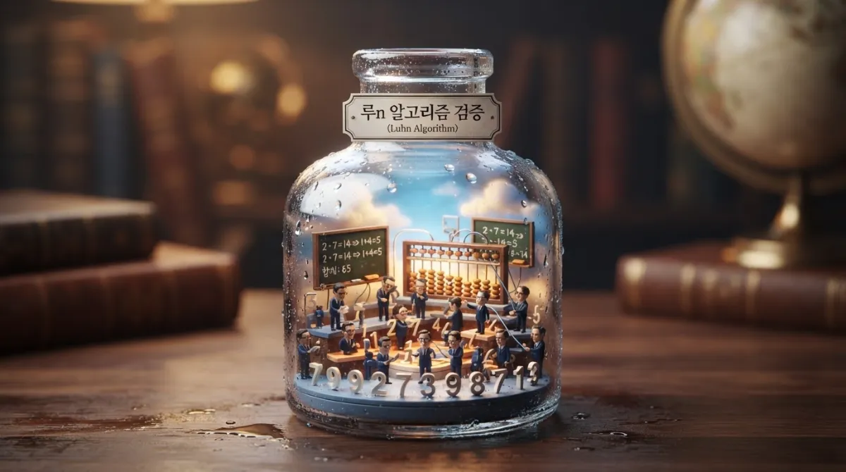 유리병 내부에서 작은 수학자 미니어처들이 짝수 자릿수를 2배로 곱하고 자릿수를 더해 노란 체크마크 검증으로 마무리하는 루n 알고리즘 과정을 표현한 프리미엄 매크로 사진