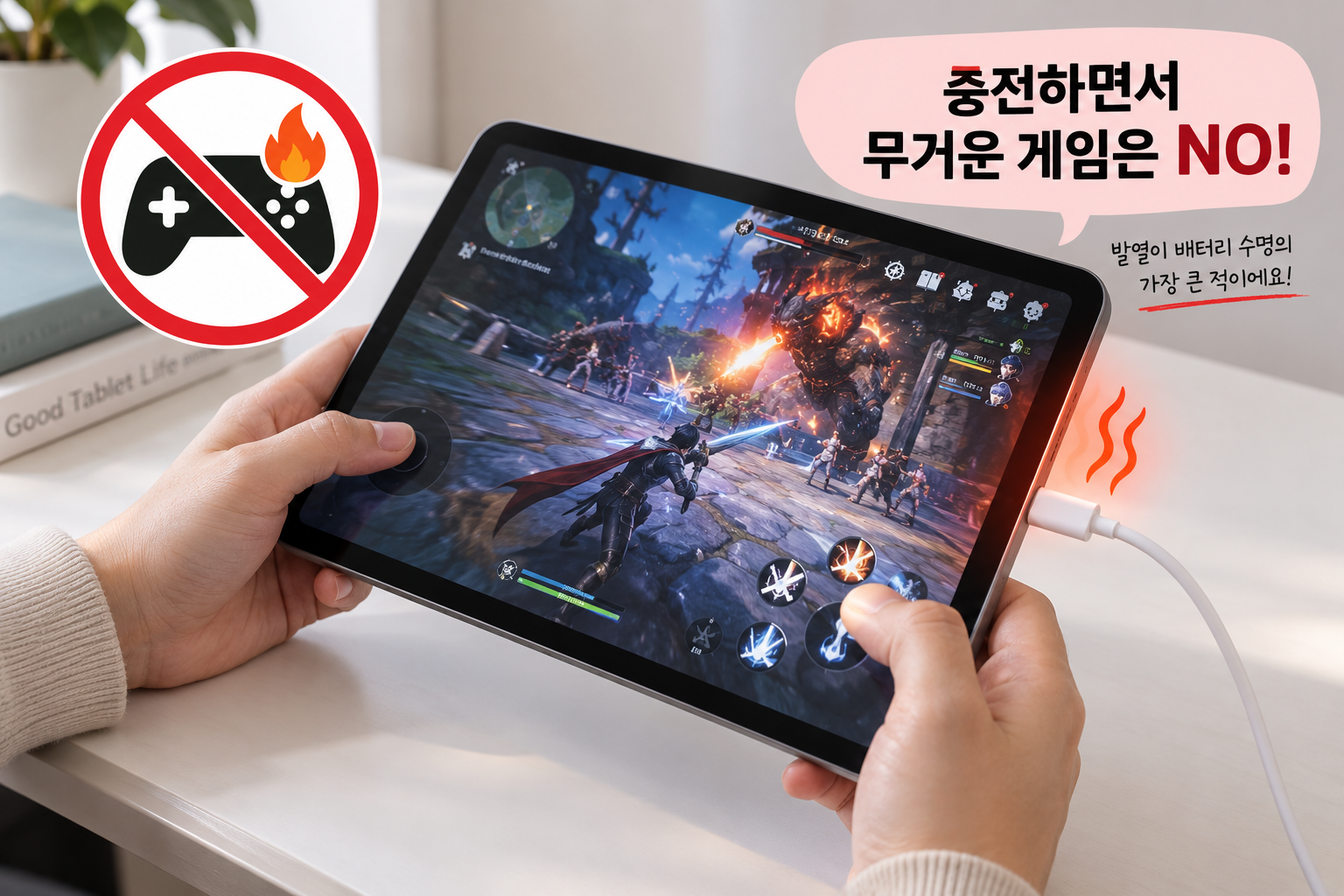 충전 중 게임으로 태블릿에 발열이 발생하는 모습.