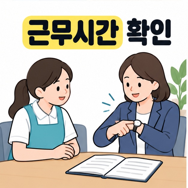근무시간 확인 문구 아래 센터 담당자가 손목시계를 가리키며 요양보호사와 상담하는 그림
