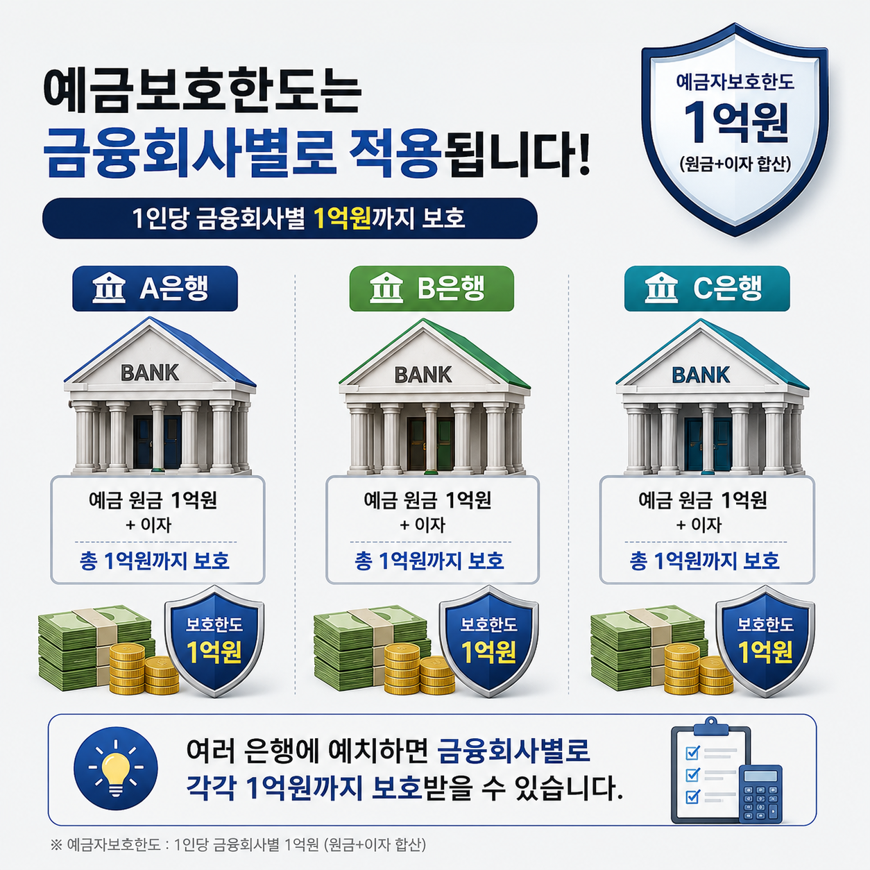 금융회사별 예금자보호한도 1억원