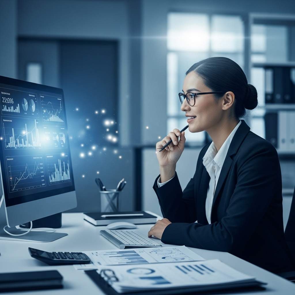 웃는 얼굴로 컴퓨터 화면을 바라보며 2025년 연말정산 서류를 검토하는 직장인, 절세 성공을 암시하는 밝은 표정