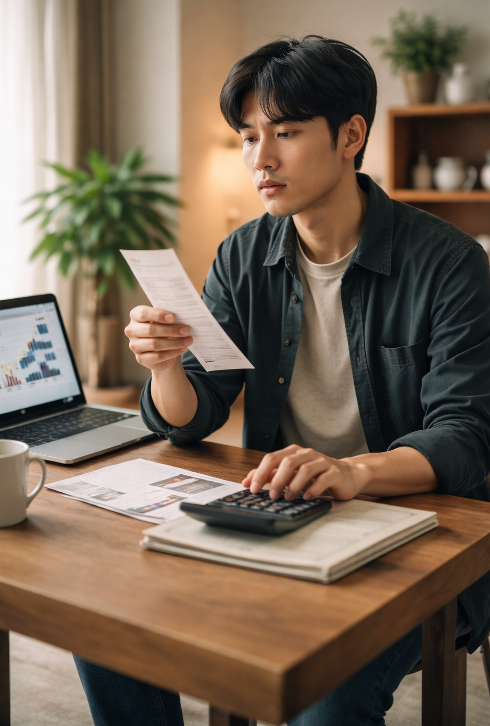 경제 지표를 확인하면서도 개인 소비 현실에 고민하는 모습, GDP와 체감 경기의 차이를 표현