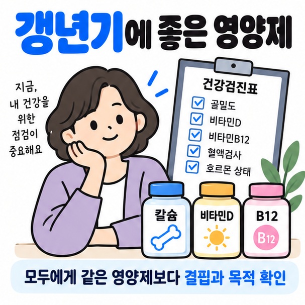 갱년기에 좋은 영양제 문구와 칼슘 비타민D B12 식품 건강검진 아이콘을 보여주는 차분한 대표 카드뉴스 이미지
