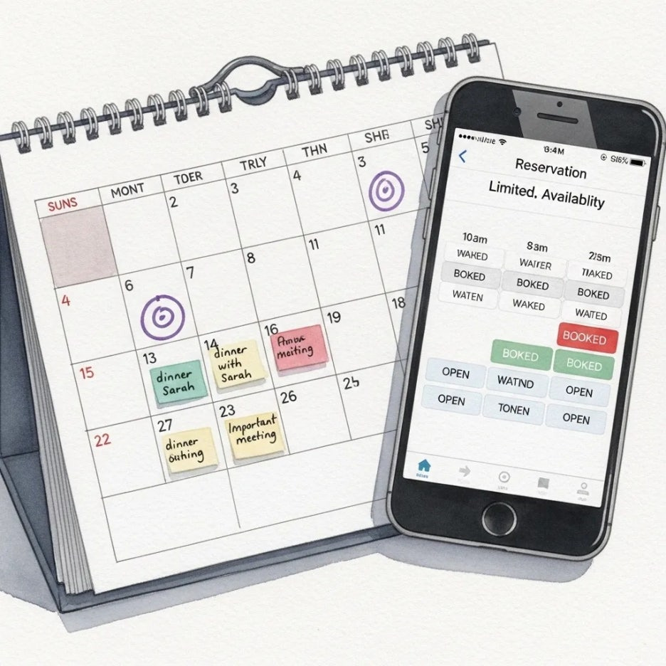 예약 앱 화면과 중요한 날짜가 표시된 달력