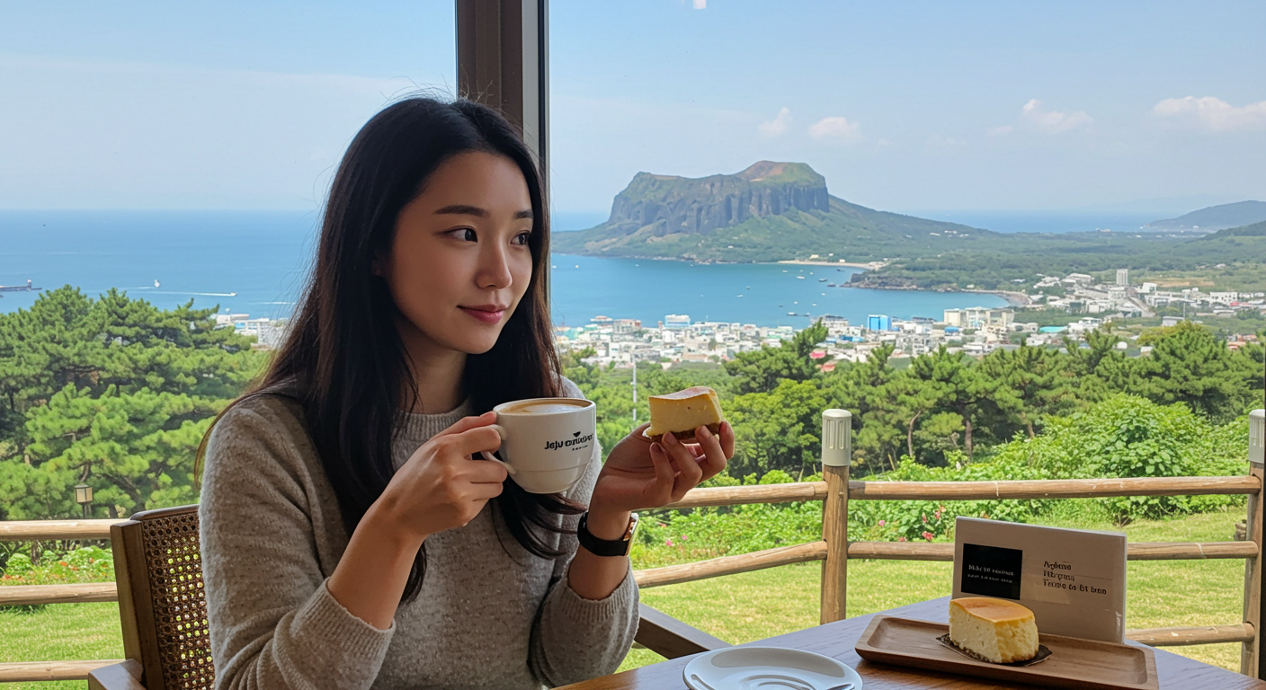 제주 감성 카페에서 아름다운 풍경을 배경으로 커피와 디저트를 즐기며 휴식하는 모습.