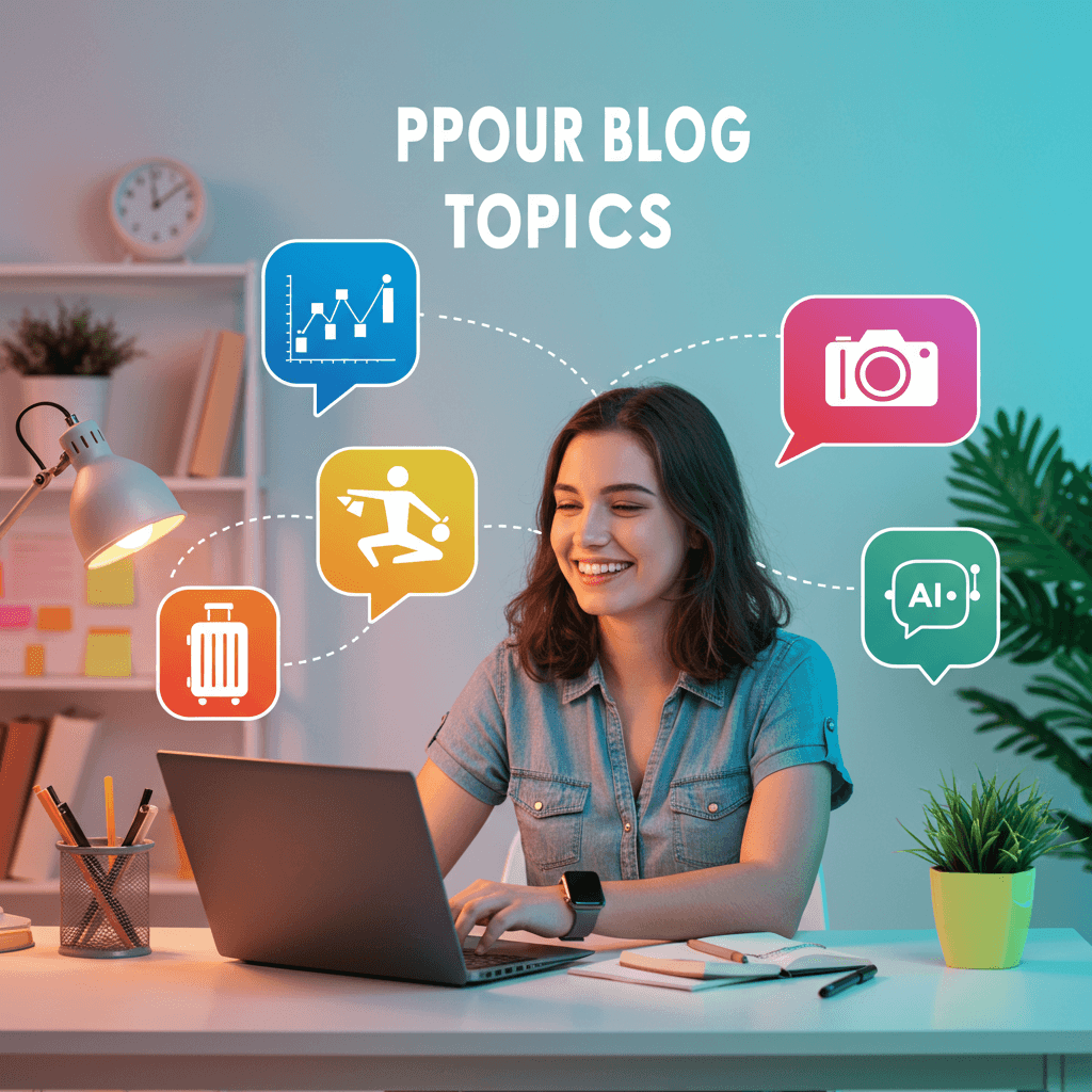 재테크, 피트니스, 테크, 여행, AI 등 초보자를 위한 블로그 주제를 상징하는 컬러풀한 일러스트로, 현대적인 작업 공간에서 노트북을 사용하는 모습