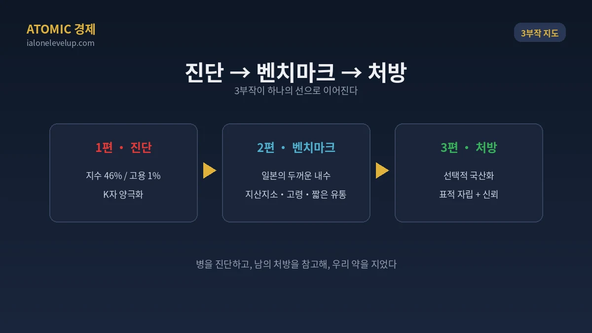 3부작 지도 1편 진단 과집중 K자 양극화 2편 벤치마크 일본 내수 3편 처방 선택적 국산화 하나의 선