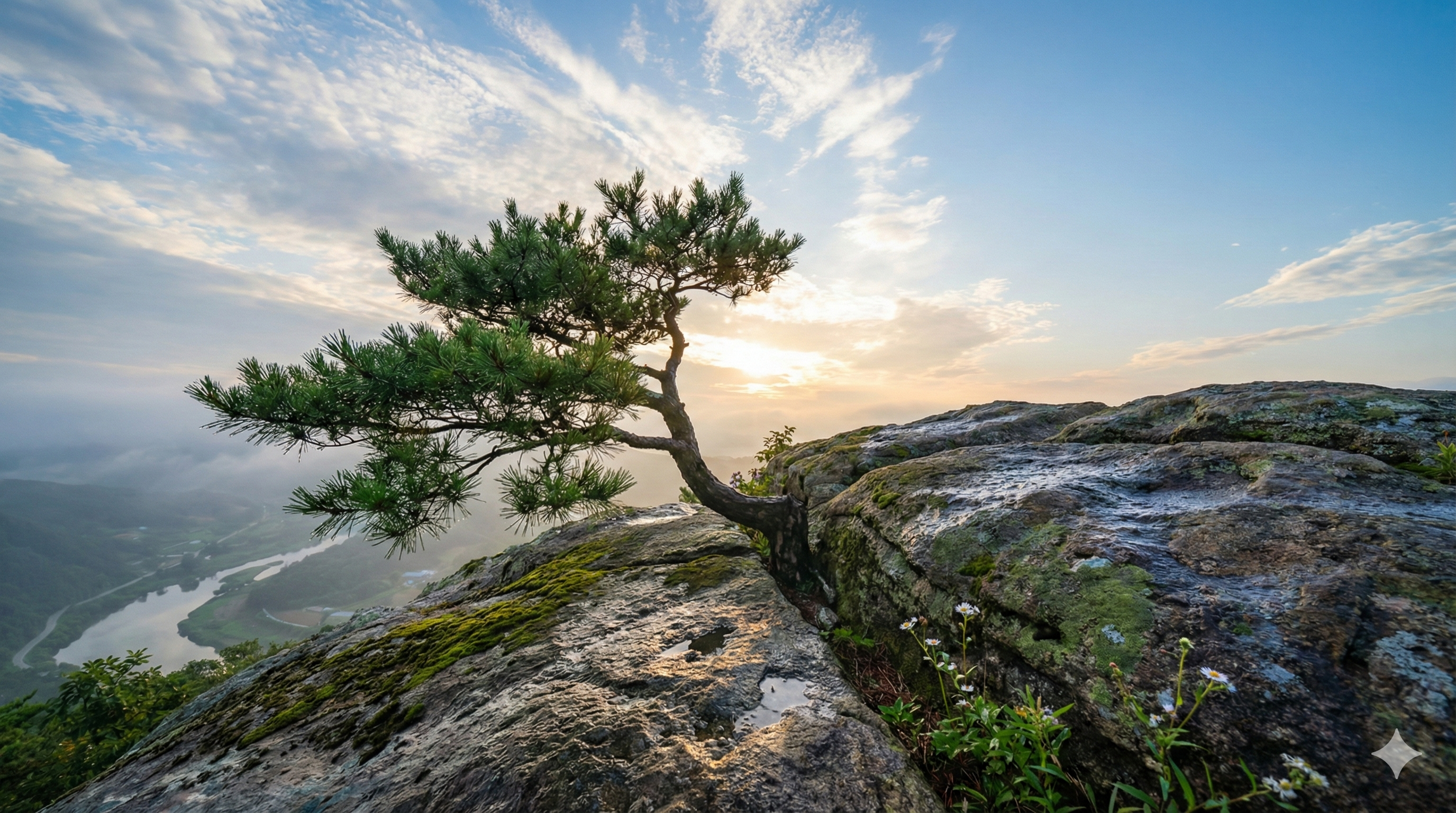 비 온 뒤 맑게 갠 하늘 아래, 바위틈에서 굳건하게 자라난 소나무 한 그루