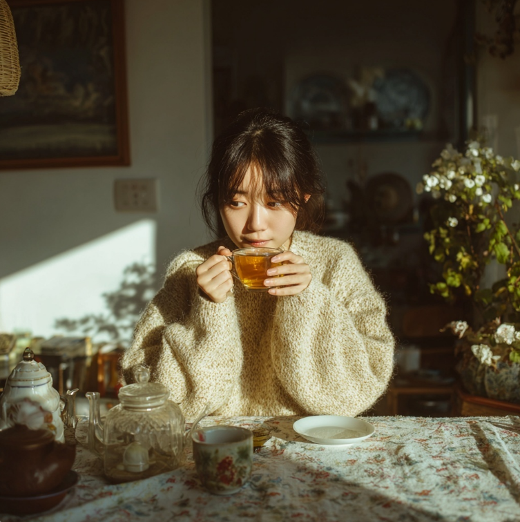 꽃샘추위에 집에서 차마시는 여자