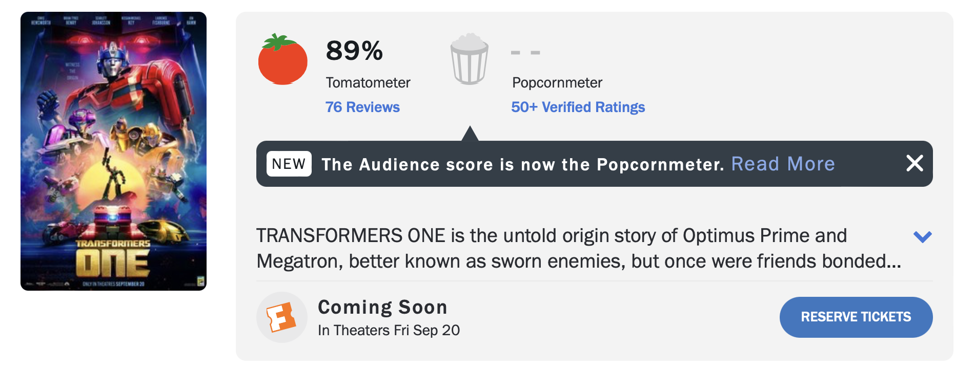 트랜스포머 원 로튼 토마토 평점