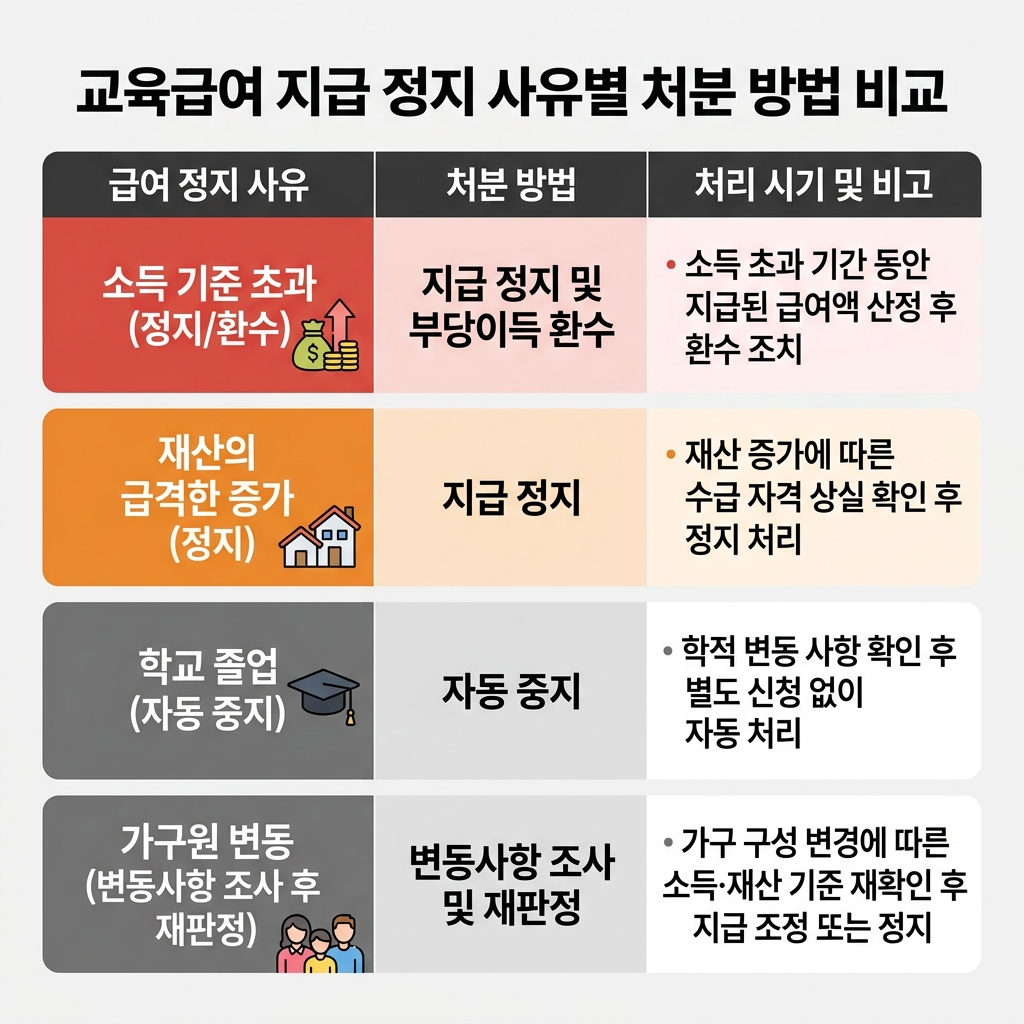 교육급여 수급 중단 사유별 처리 방식 비교표