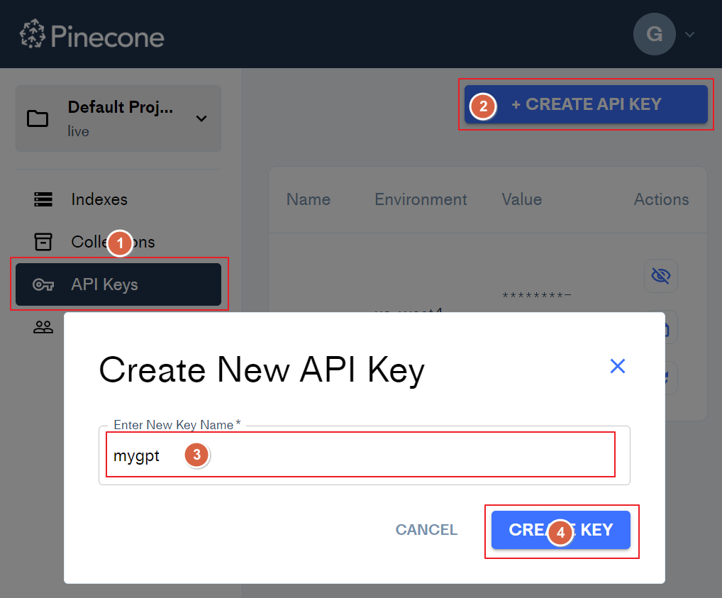 pinecone api key 만들기 순서 이미지 입니다.