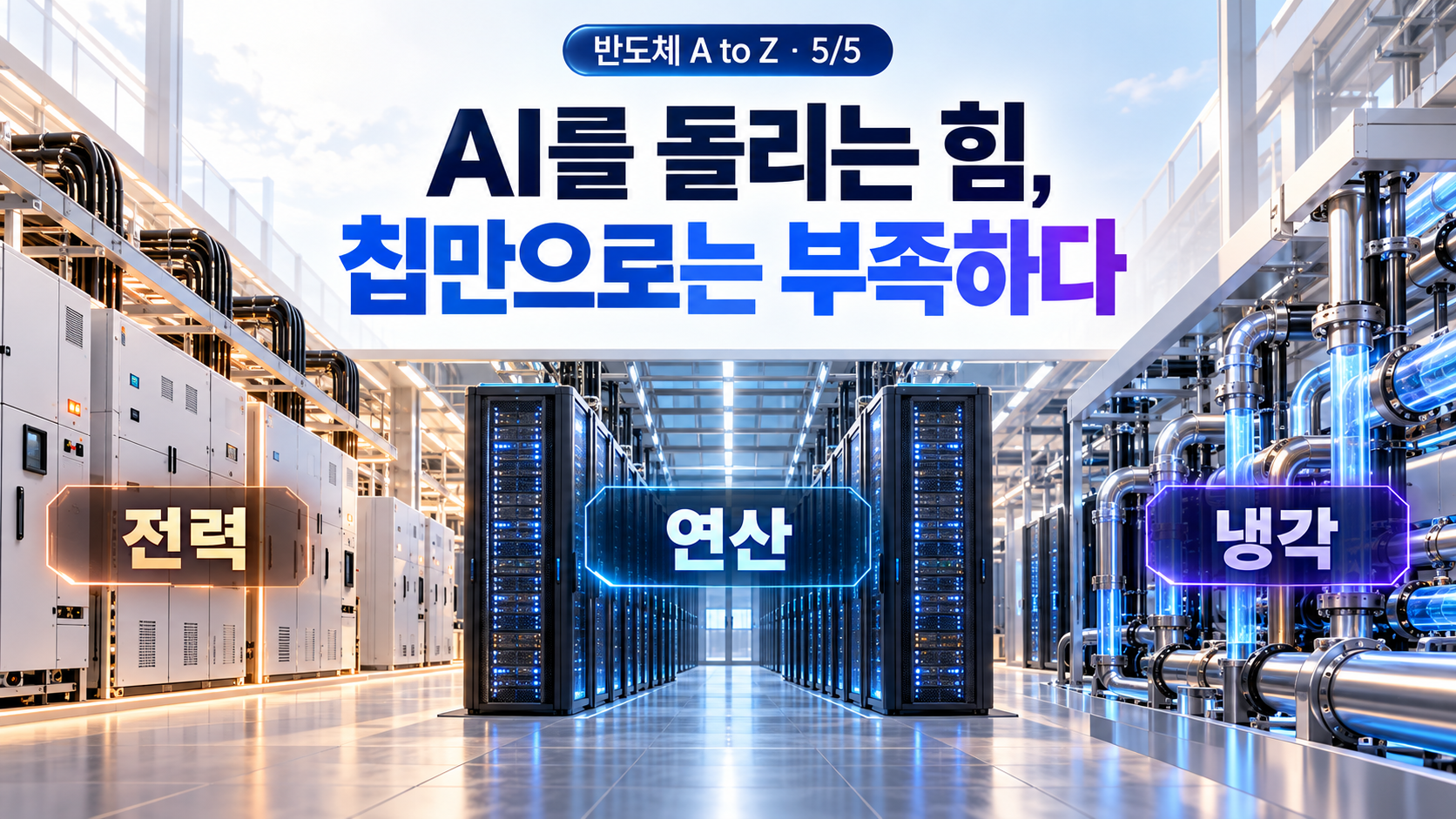 데이터센터의 연산 장비와 전력&middot;냉각 설비를 함께 보여주는 이미지.
