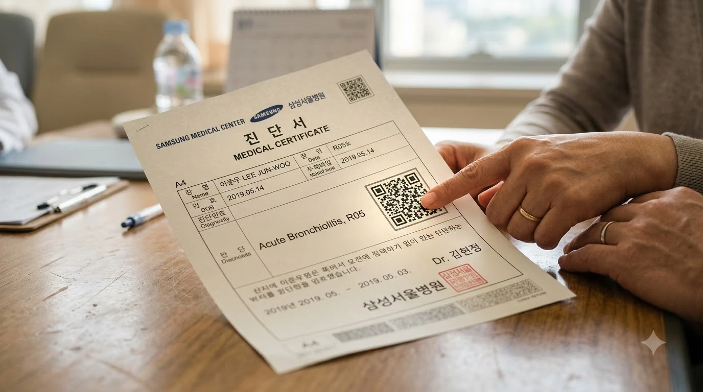 병원 책상 위에 놓인 진단서 클로즈업, Q코드가 표시된 부분에 부드러운 조명이 비치는 장면