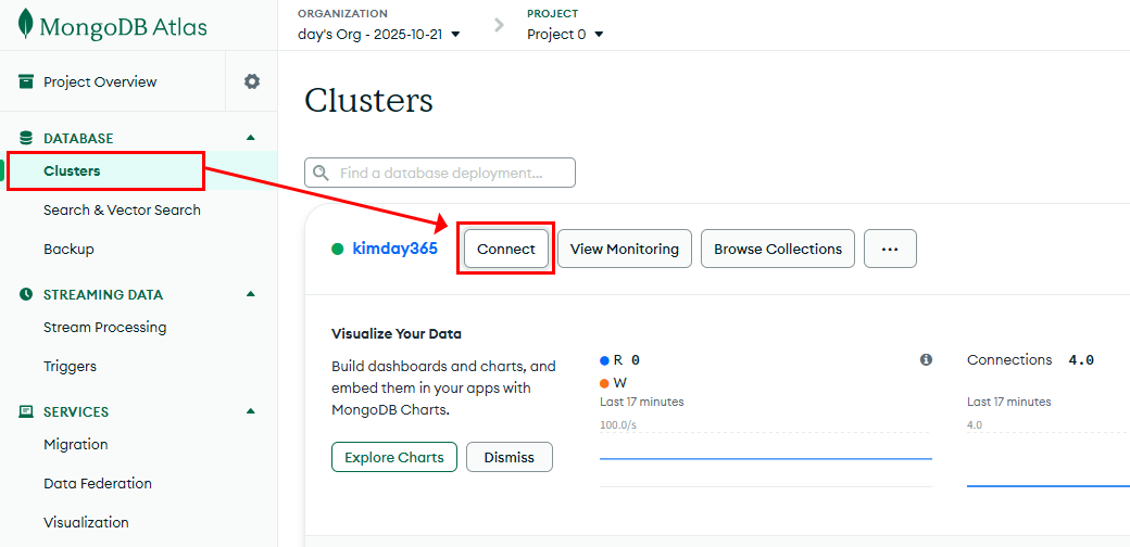다시 Clusters 페이지로 접근하여 "Connect" 클릭