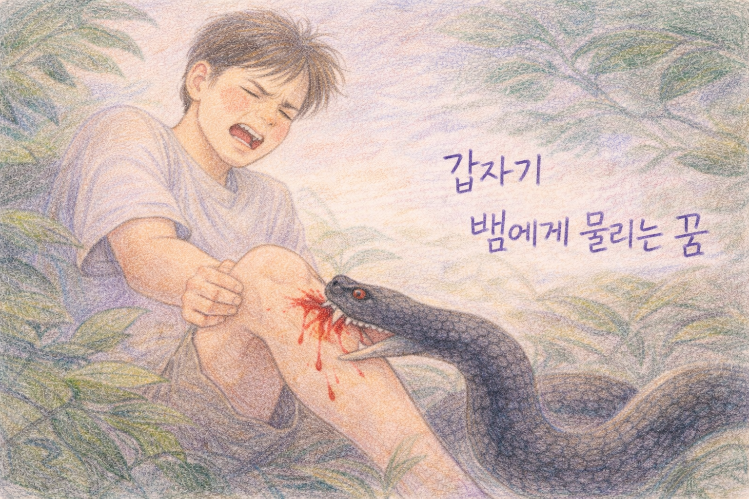 수풀 속에서 검은 뱀에게 다리를 물린 남성