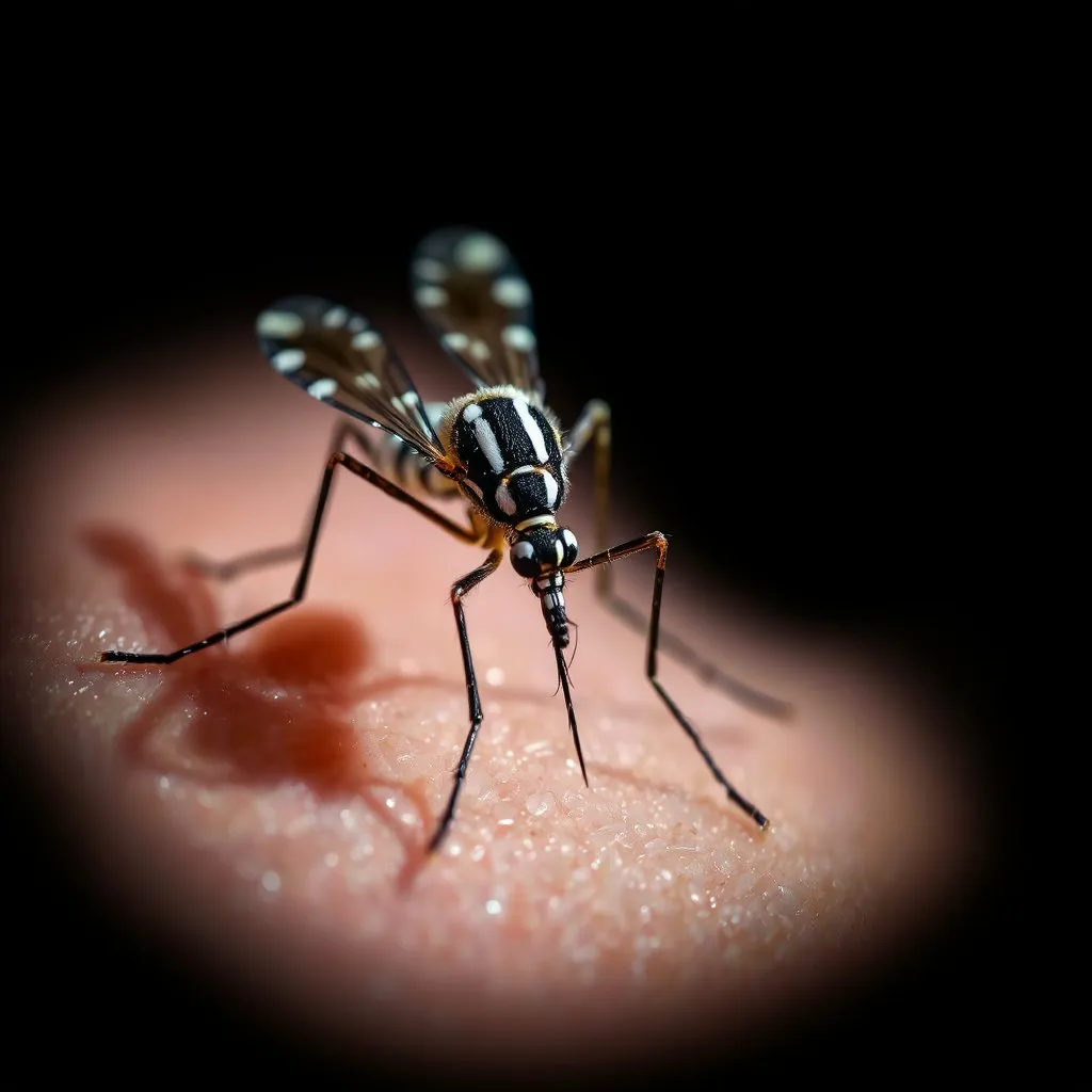 얼룩날개모기가 사람의 피부에 앉아 피를 흡혈하려는 순간을 클로즈업하여 보여줍니다. 모기의 날개와 다리 등 특징적인 형태를 명확하게 묘사하고, 공포감이나 위협적인 느낌을 줄 수 있는 구도를 활용합니다.