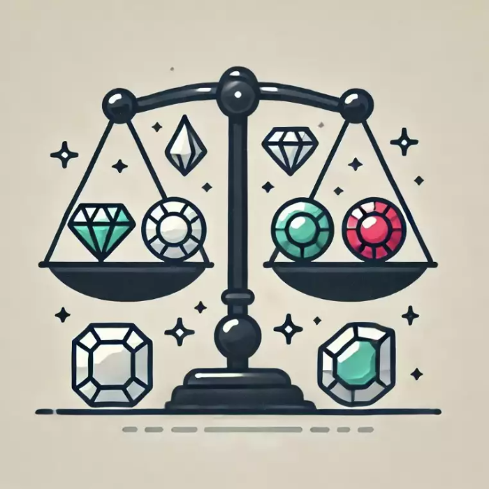 다이아몬드, 에메랄드, 루비와 같은 반짝이는 보석들이 저울 위에 놓여 있는 그림, 보석의 투자 가치를 상징하며 단순한 배경 위에 표현됨